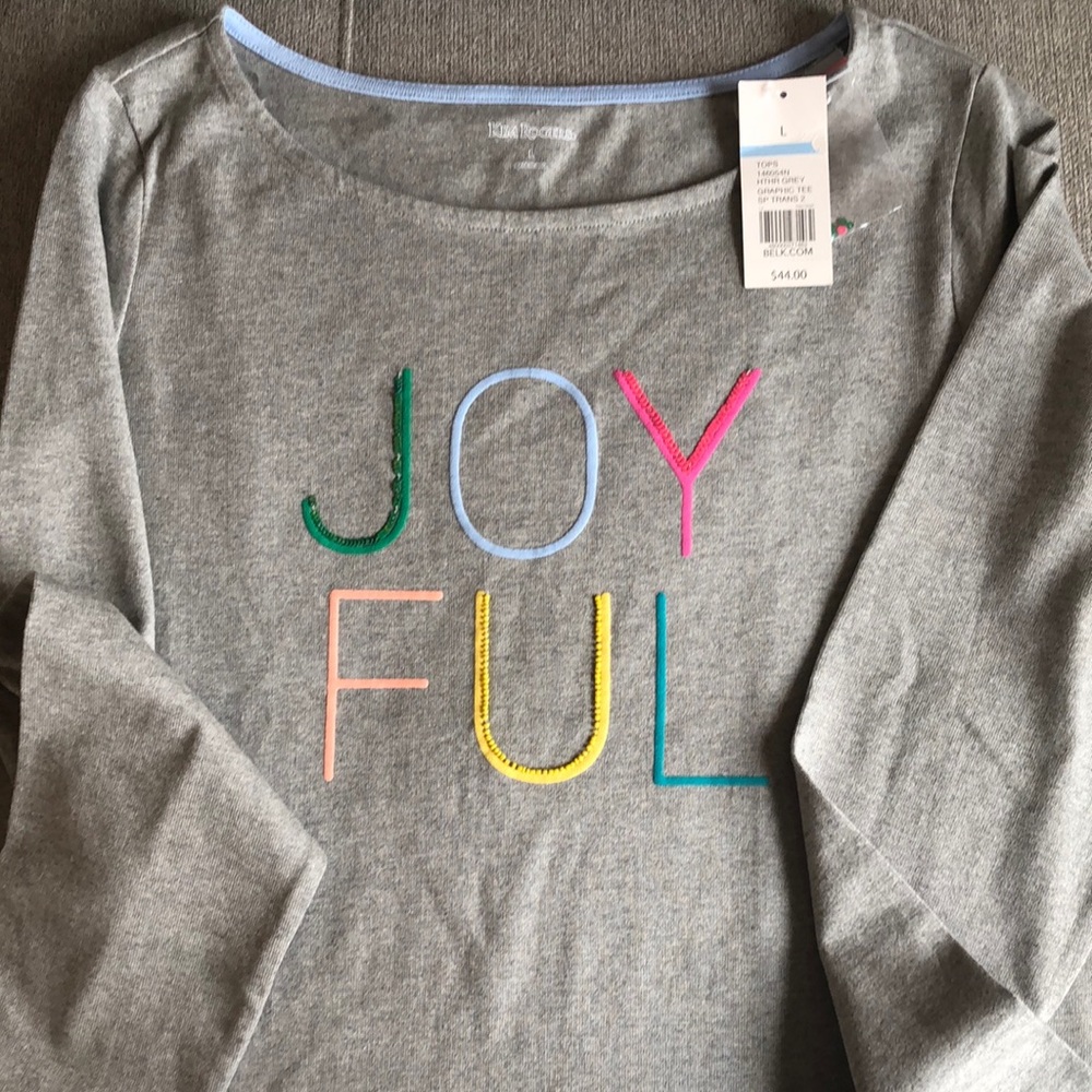 Ladies large tunic length light grey cotton top with “Joyful” in sequins&paint.